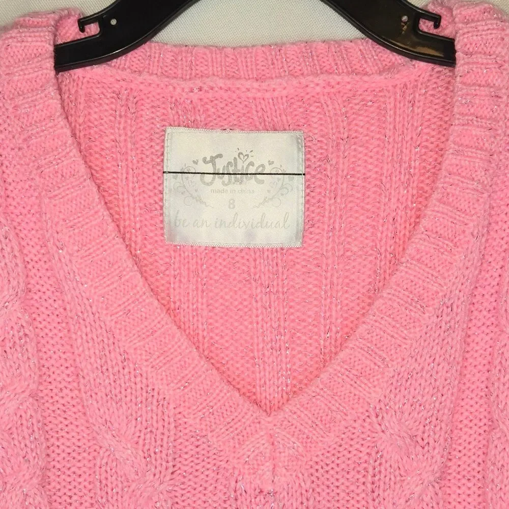 JUSTICE Sweater Long Sleeves Braided Design Pink Soft Stretch Girl Size 8 Small